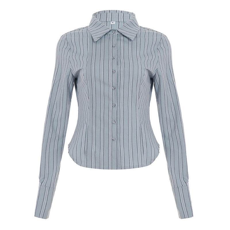 Office Autumn Winter Striped Waist Trimming Shirt Collared Single Breasted Slim Fit Long Sleeved Shirt Women