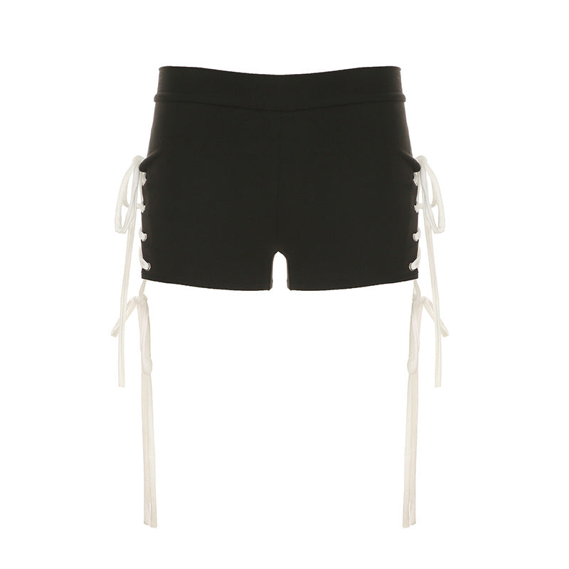 Summer Casual Women Wear Rope Strap Two Piece Set Contrast Color Halterneck Vest Sheath Shorts Pants Set