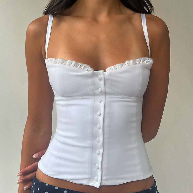 Sexy Lace Stitching Chest Breasted Waist Shaping Sling Solid Color Sexy Home Women Top Autumn