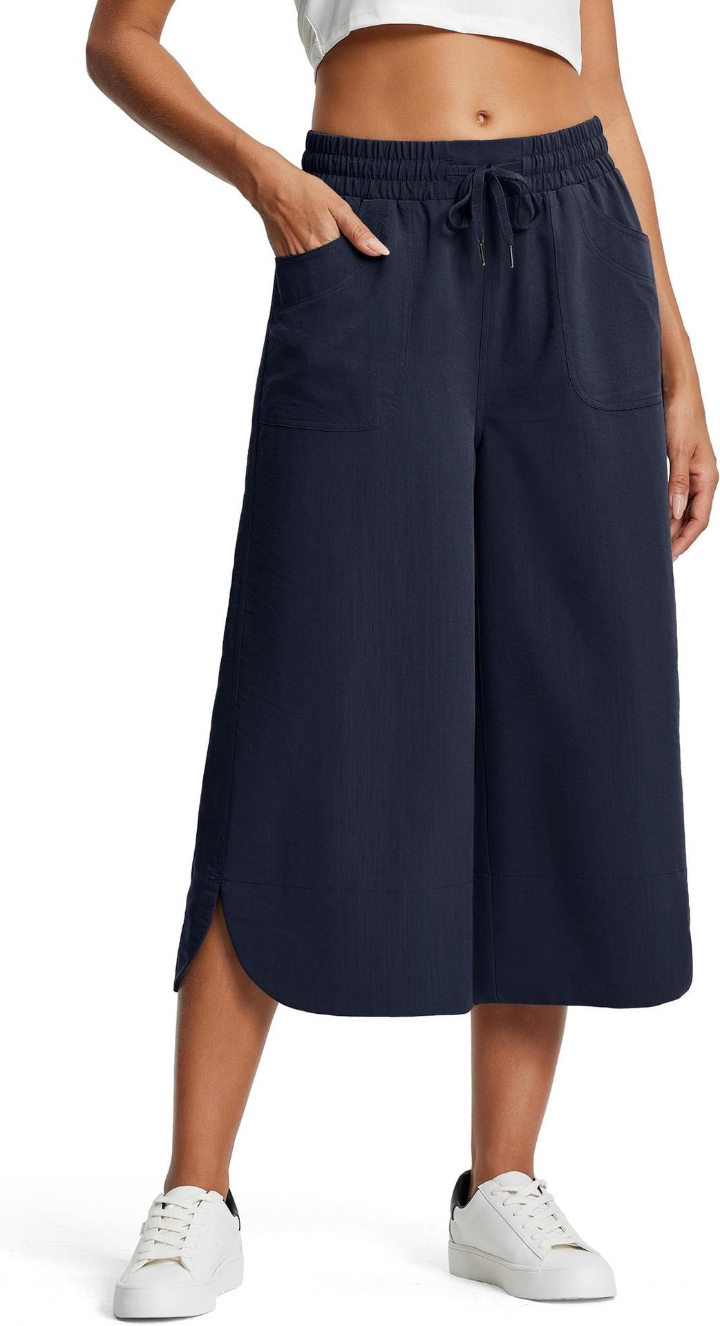 Spring Summer Elastic Waist Solid Color Wide Leg Loose Casual Cropped Pants for Women