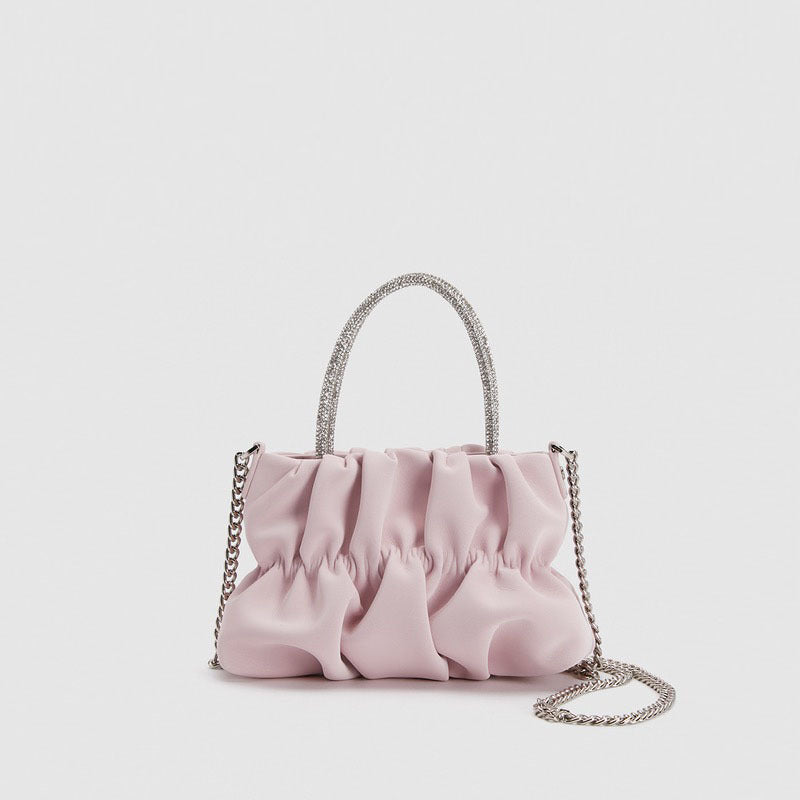 Mini rhinestone hand-held pleated bag, fashion party tote crossbody cloud chain woman