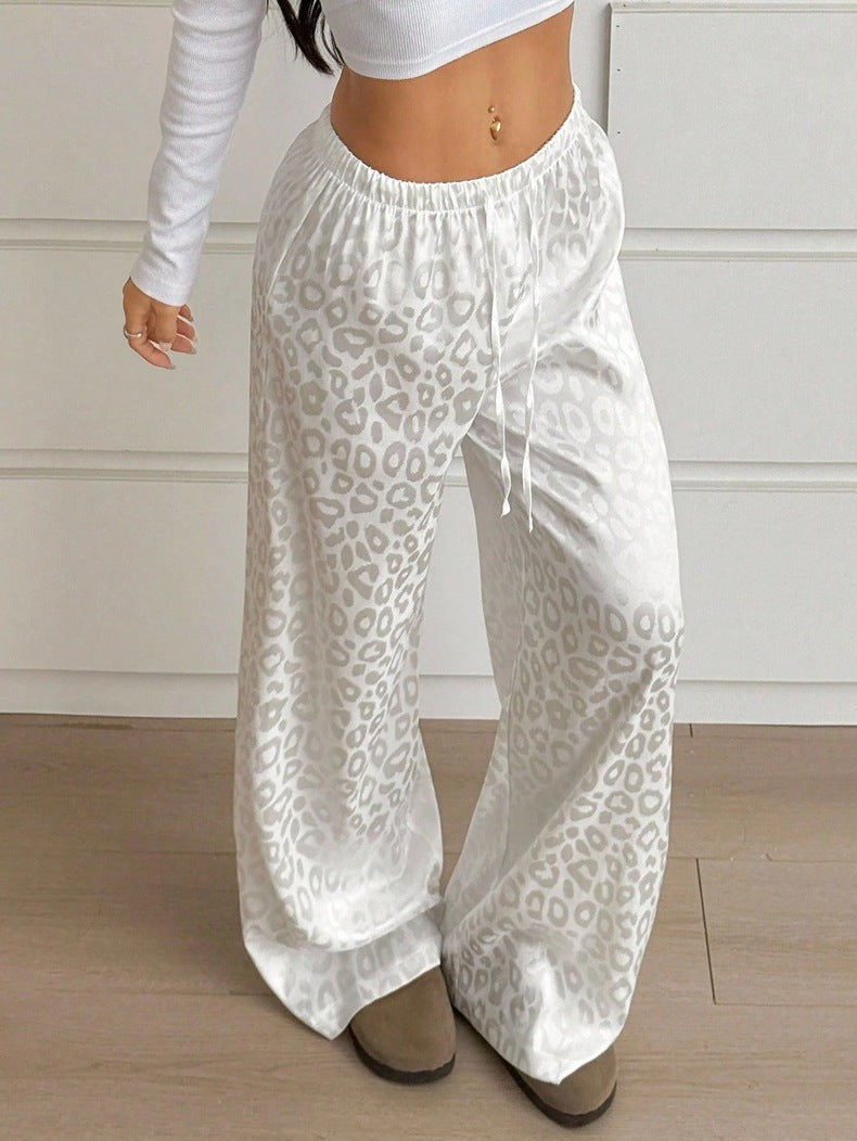 Women Clothing Autumn Satin Casual Pants Drawstring Leopard Print Mop Wide Leg Pants Long Pants