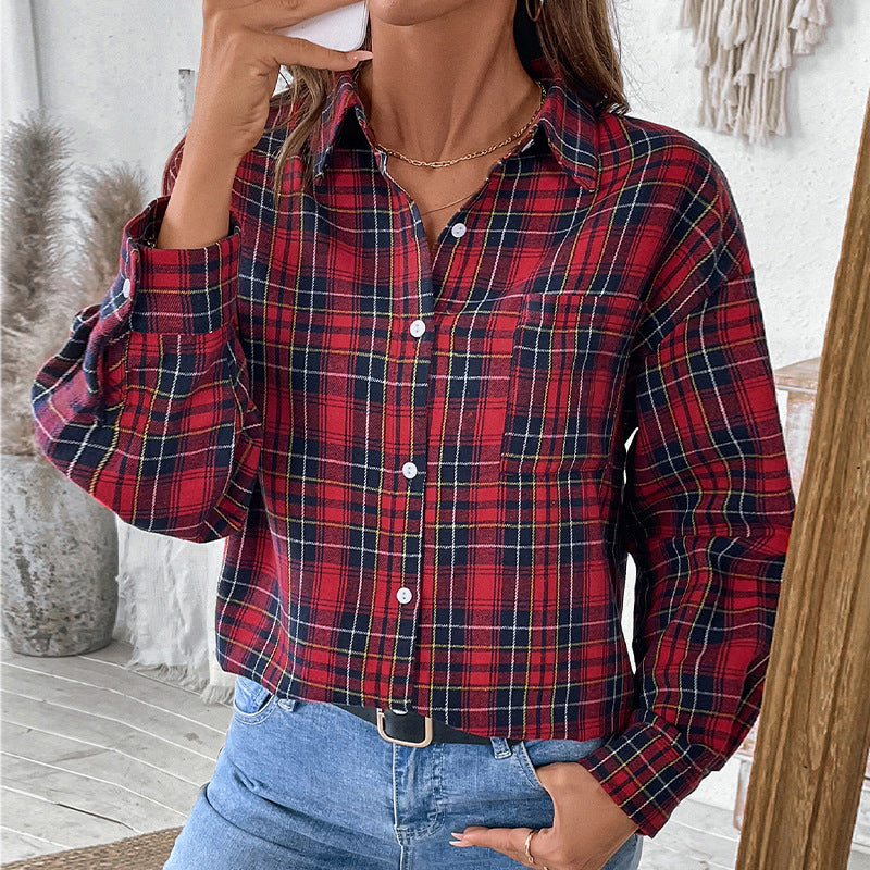 Casual Coat Spring Autumn Collared Long Sleeve Plaid Shirt for Women
