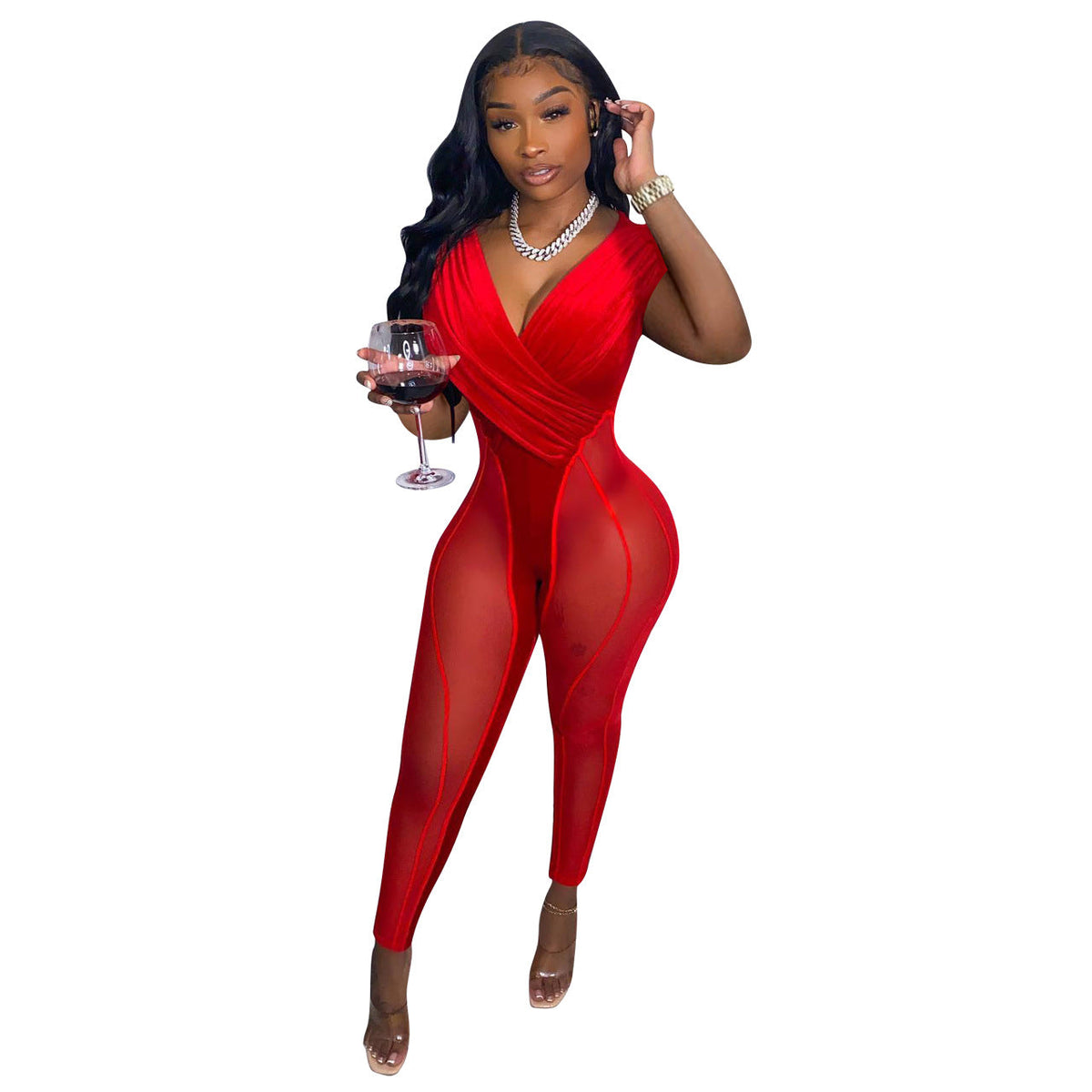 Women Clothing Spring Summer Arrival Supply Mesh Velvet Stitching Jumpsuit