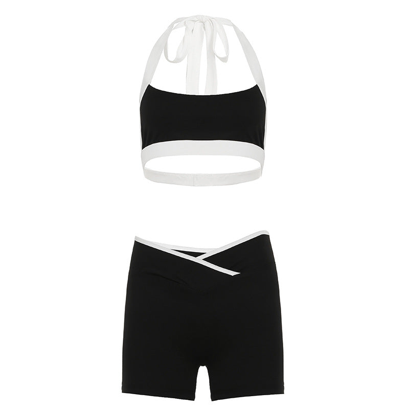 Hipsters Color Matching Short Halterneck Vest V Shaped Cropped Waist Shorts Slim Fit Yoga Sports Casual Two Piece Sets