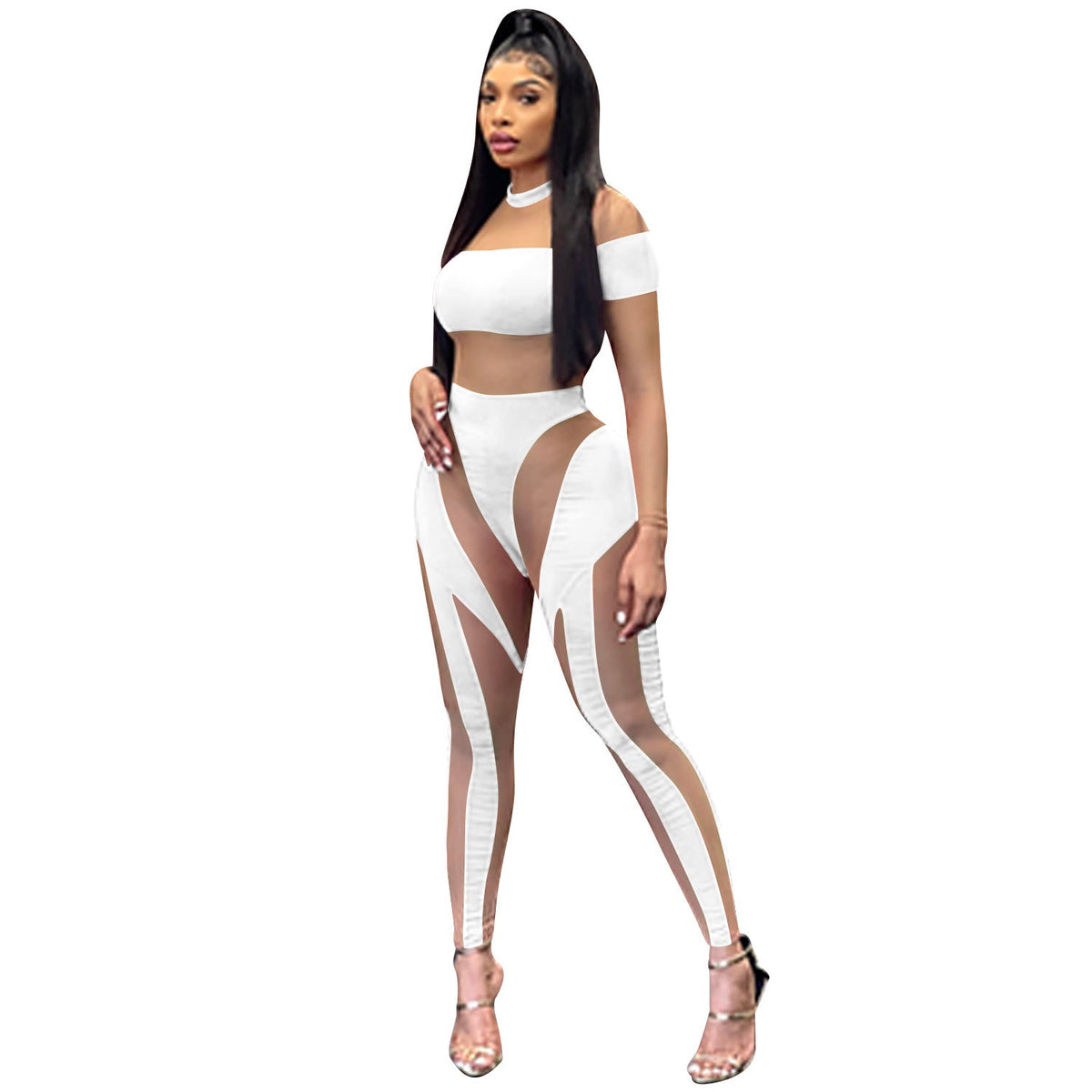Sexy Nightclub Skinny Mesh Sheer Long Sleeve Trousers Jumpsuit Women Clothing
