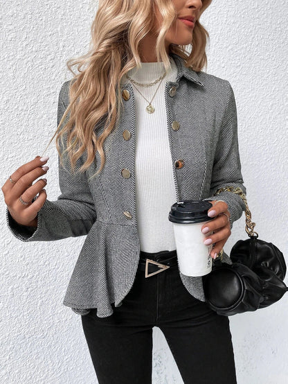 Women Clothing Collared Jacquard Ruffled Slim Double Breasted Office Blazer Women