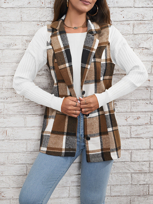 Spring Autumn Winter Women Top Polo Collar Single Breasted Vest Plaid Coat