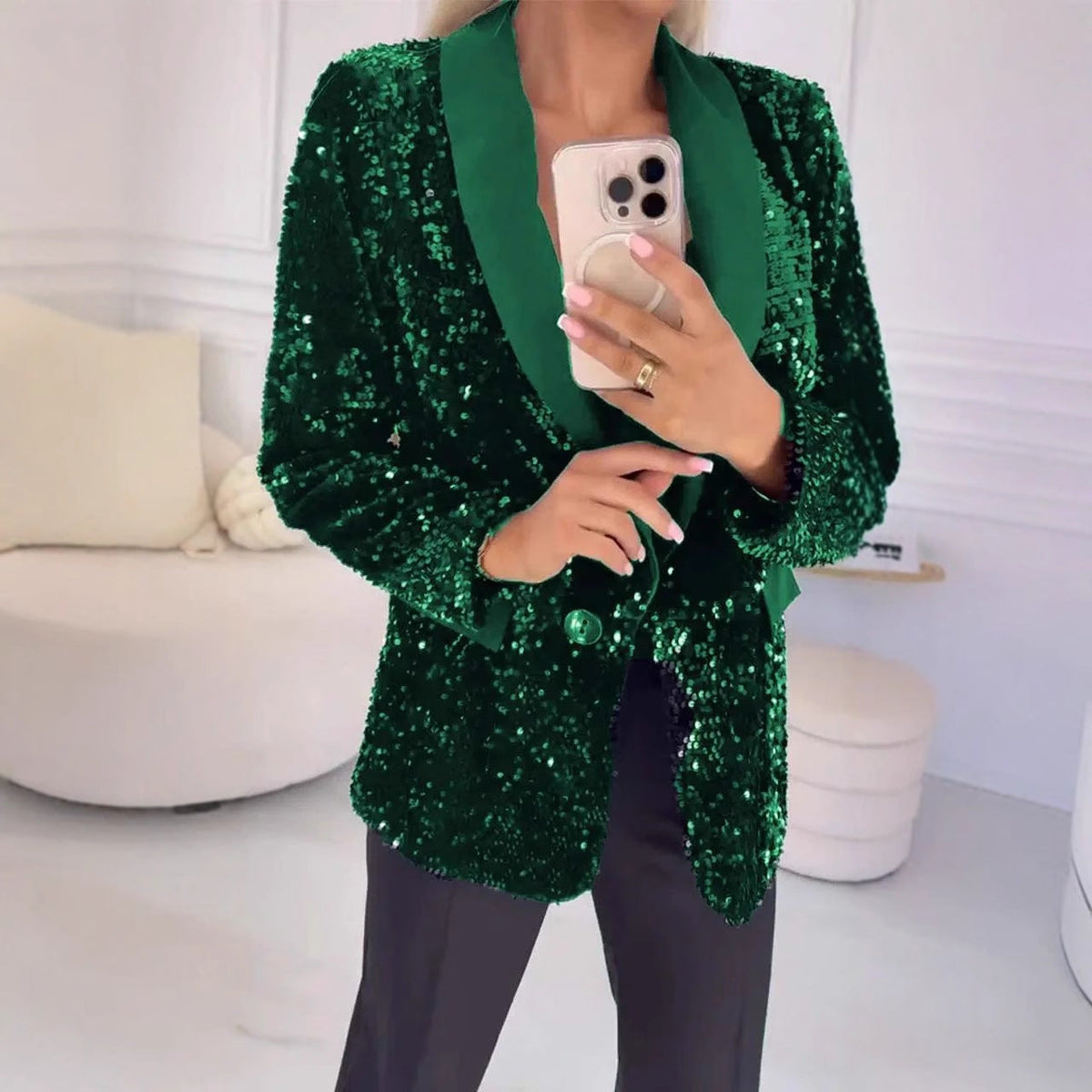 Autumn Winter Casual Fashionable Sequ Collared Blazer