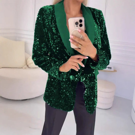 Autumn Winter Casual Fashionable Sequ Collared Blazer
