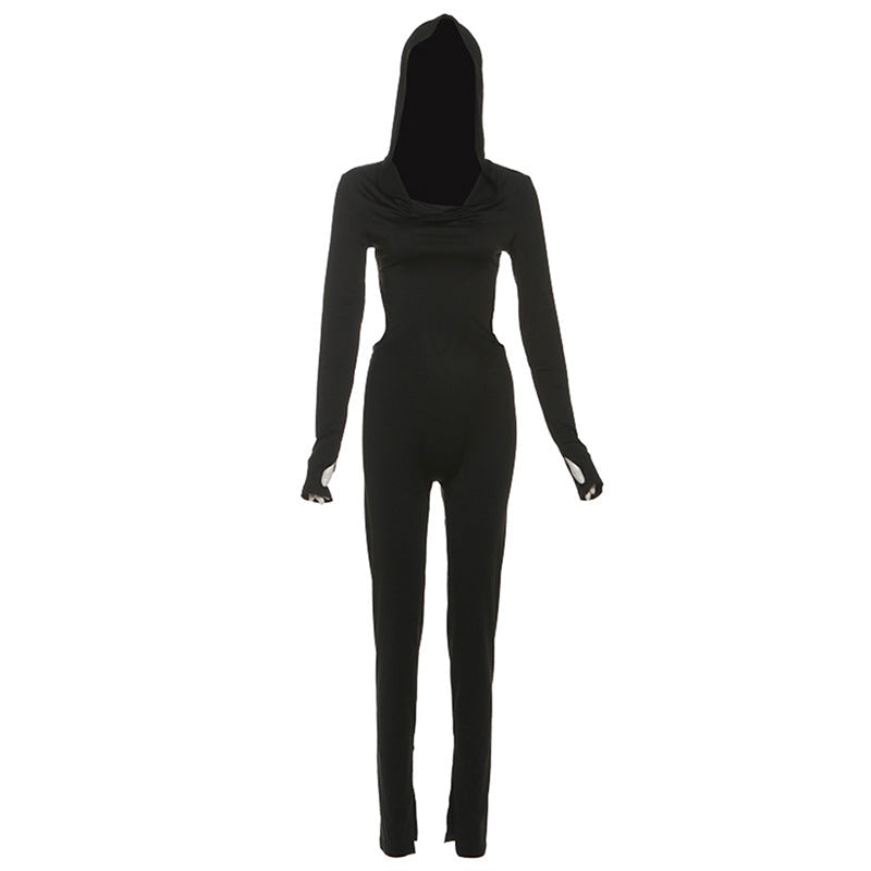 Women Clothing Autumn Sexy Backless Hooded Long Sleeve Solid Color Hip Raise Skinny Jumpsuit