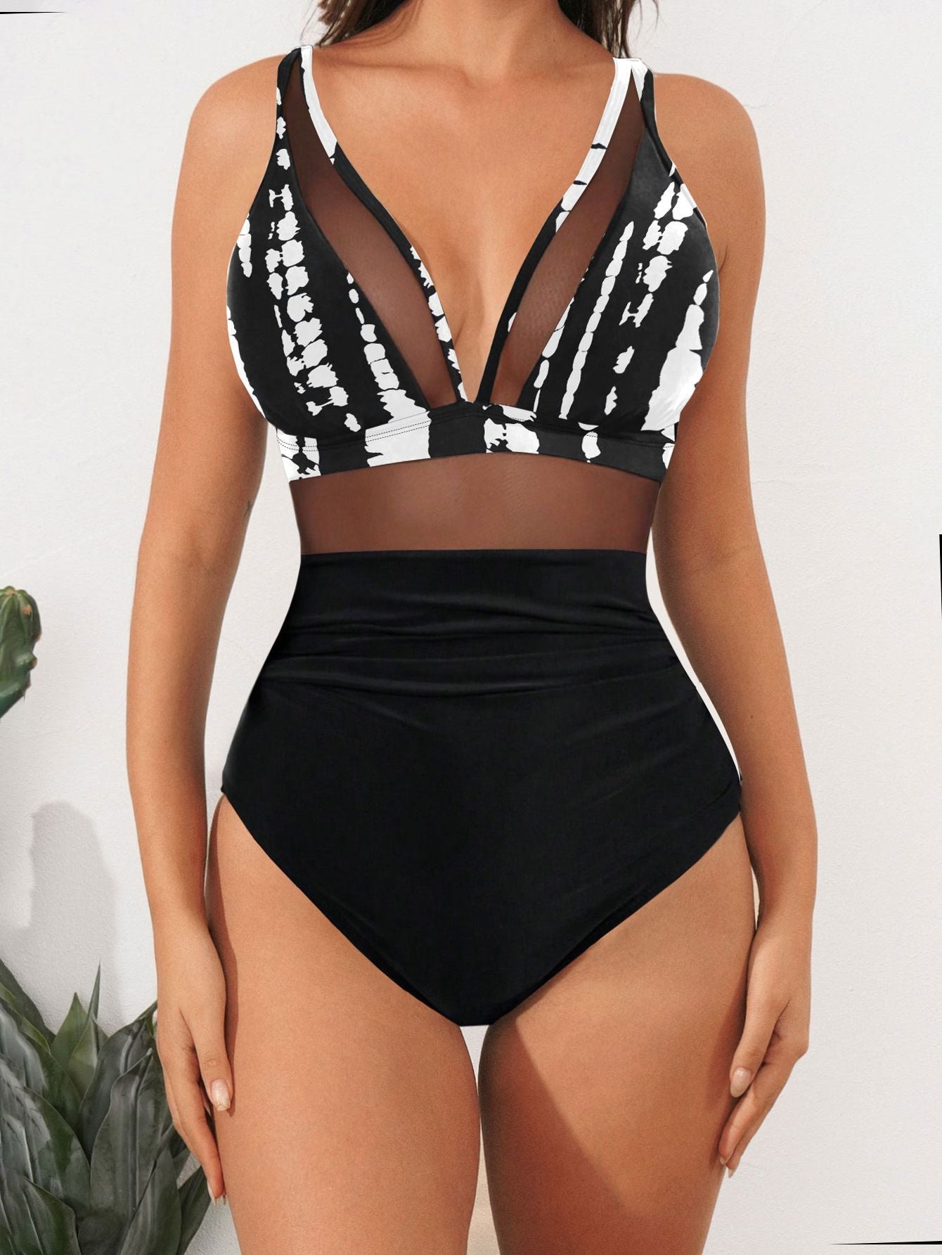 2026 Bikini solid color mesh halter sexy bikini one-piece swimsuit swimsuit