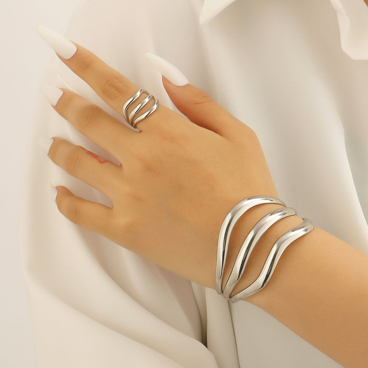 Exaggerated Vintage Stainless Steel Multi-Layer Wavy Ring & Bangle Set Party Banquet