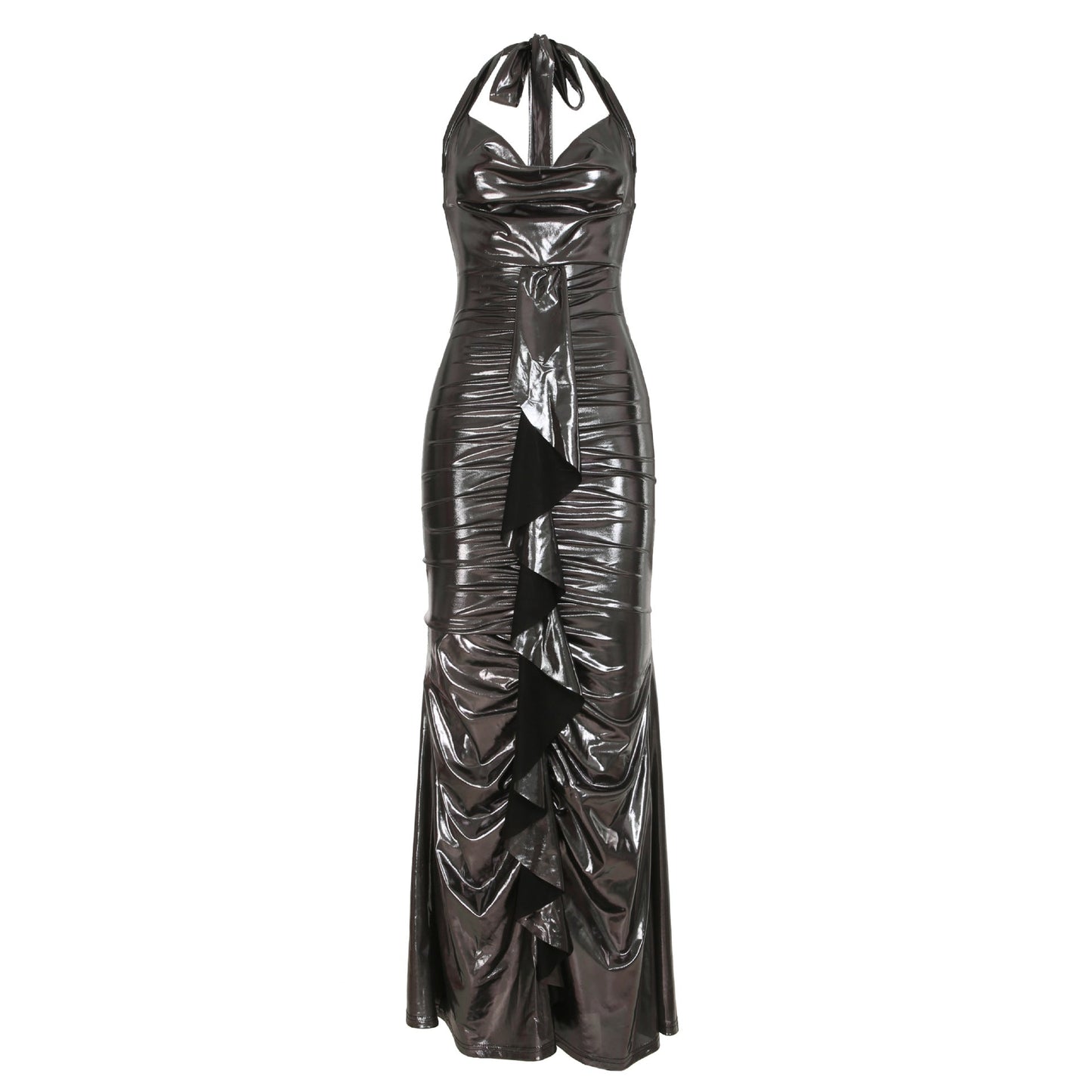 Sexy Dress Elegant Glossy Coating Backless Lace up Swing Collar Slim Fit Sheath Mop Dress