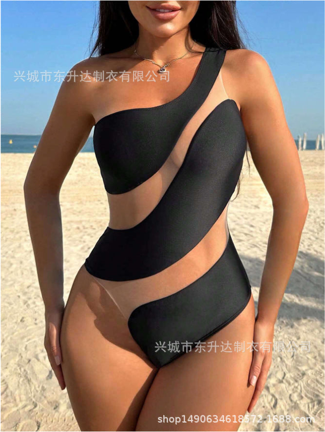 Sexy Tight Mesh Stitching Hollow Shoulder One-piece Women's Swimsuit Bikini
