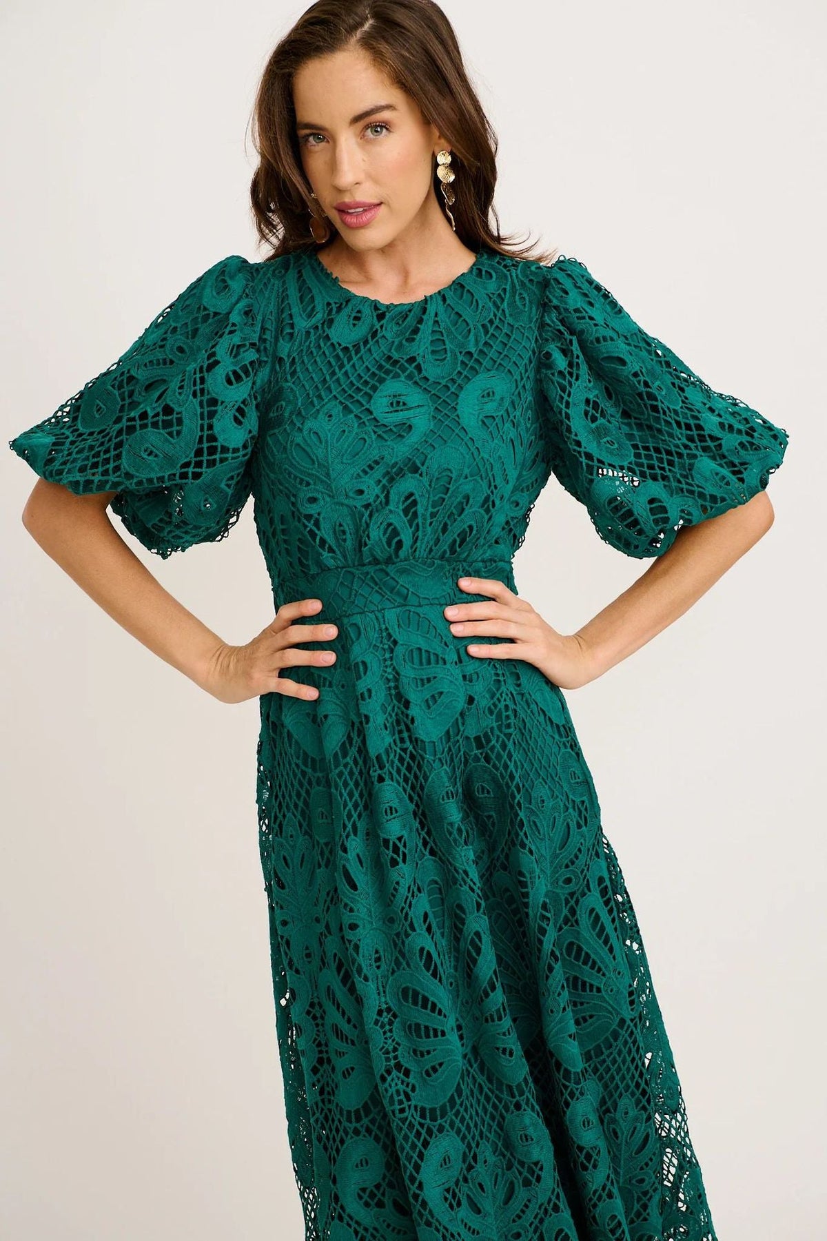 Puff Sleeve Large Swing Dress Dress Hollow Out Cutout out Stitching Water Soluble Lace Waist Solid Color Dress