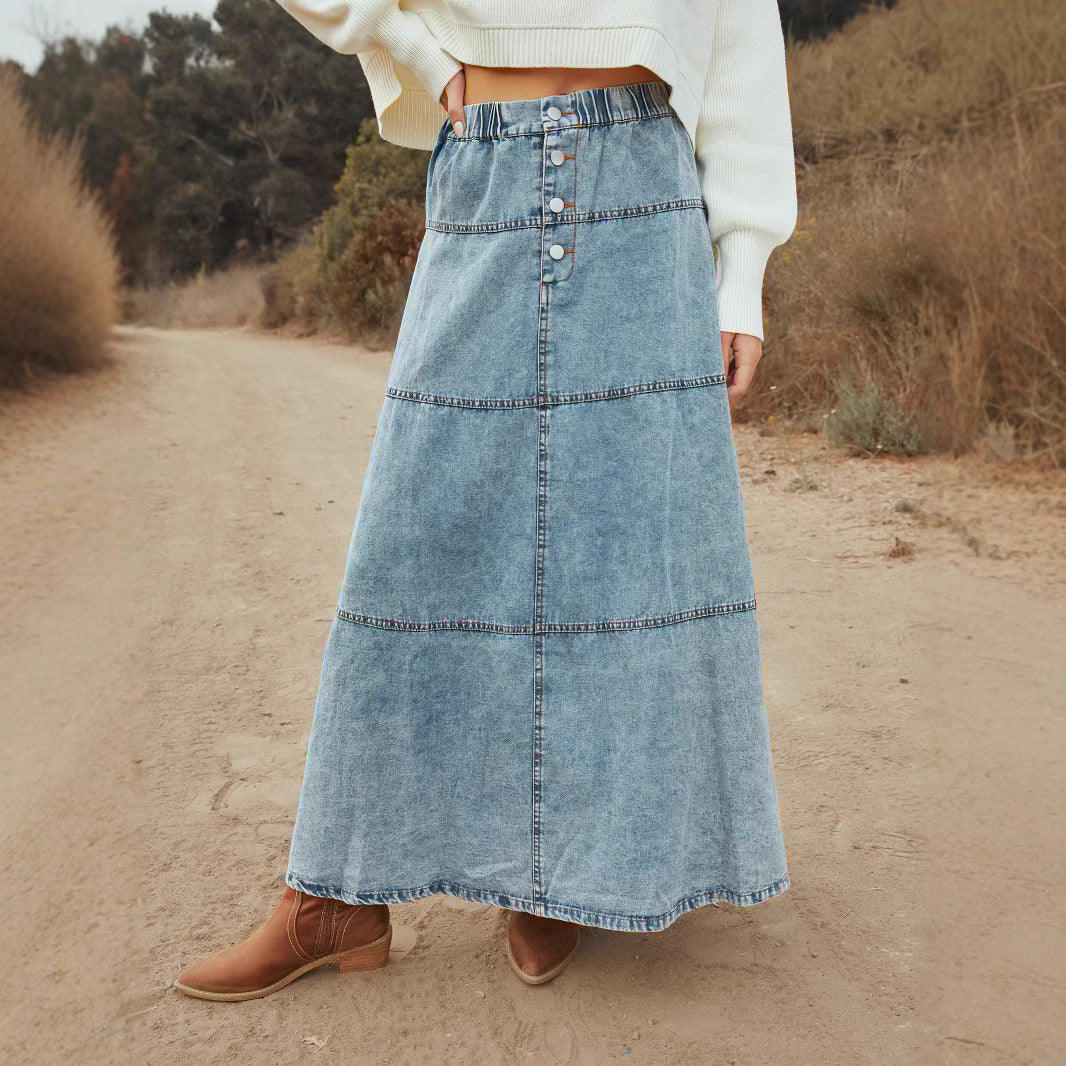 Bohemian A line Layered Stitching Women Denim Skirt
