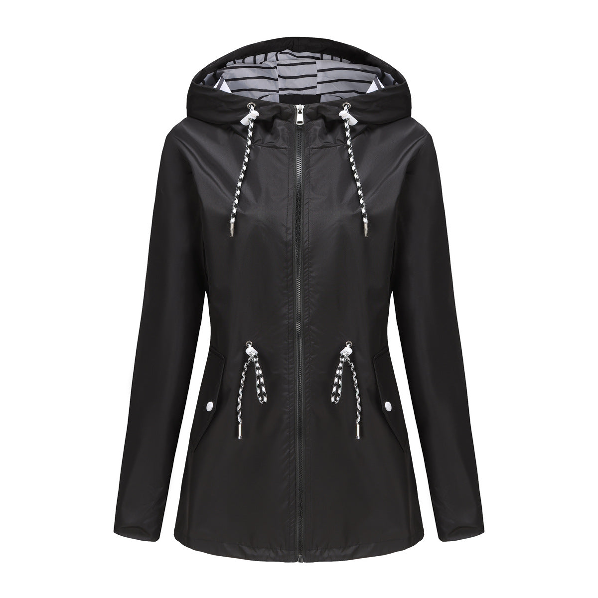 Long Sleeved Waterproof Mid Length Trench Coat Women Hooded Striped Raincoat Women Clothing