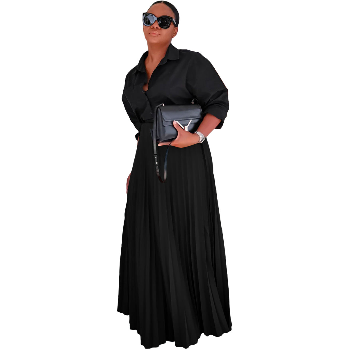 Women Clothing Autumn Winter Solid Color High Waist Pleated Loose Swing Skirt