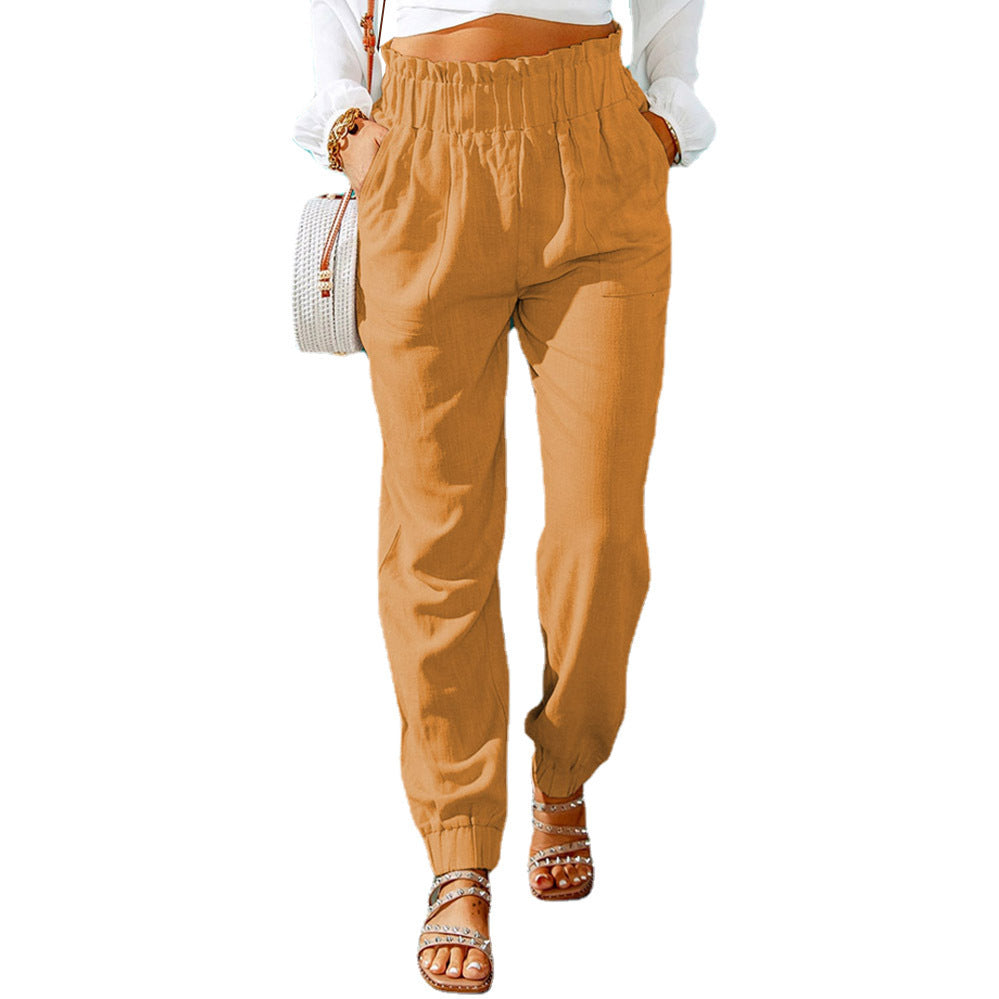 Women Clothing Spring Ruffled Elastic Waist High Waisted Trousers
