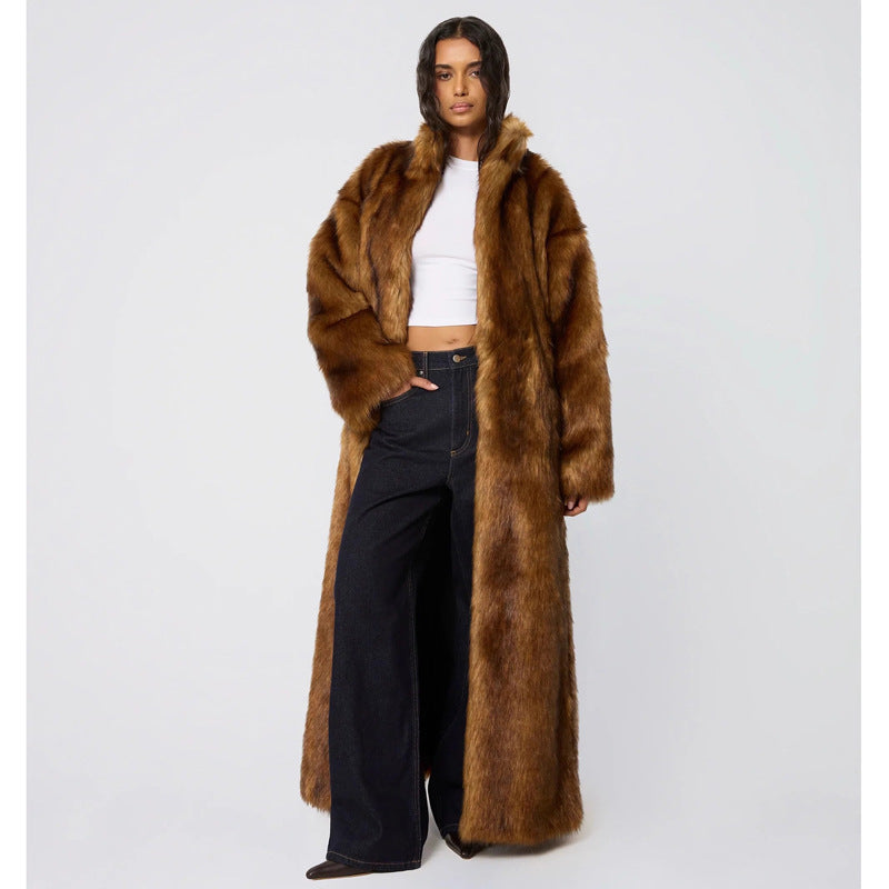 Women Winter Faux Fur Young Wolf Fur Coat Women Long below the Knee Warm Coat