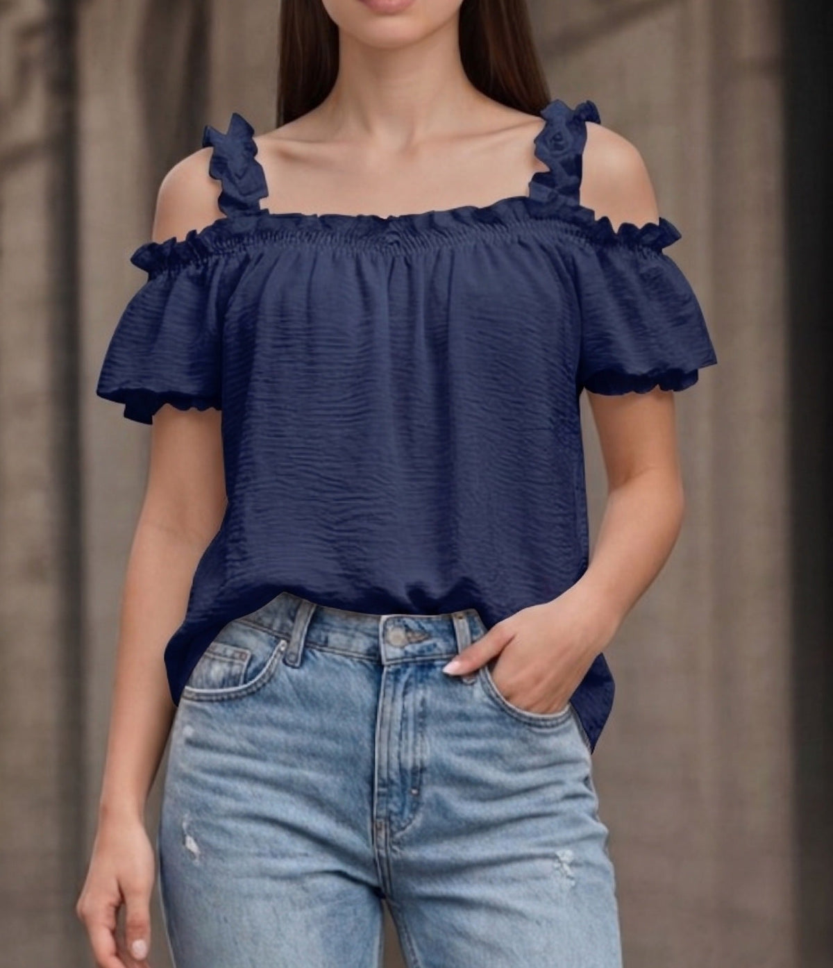All Match Solid Color V neck Ruffled off the Shoulder Casual Sling Top