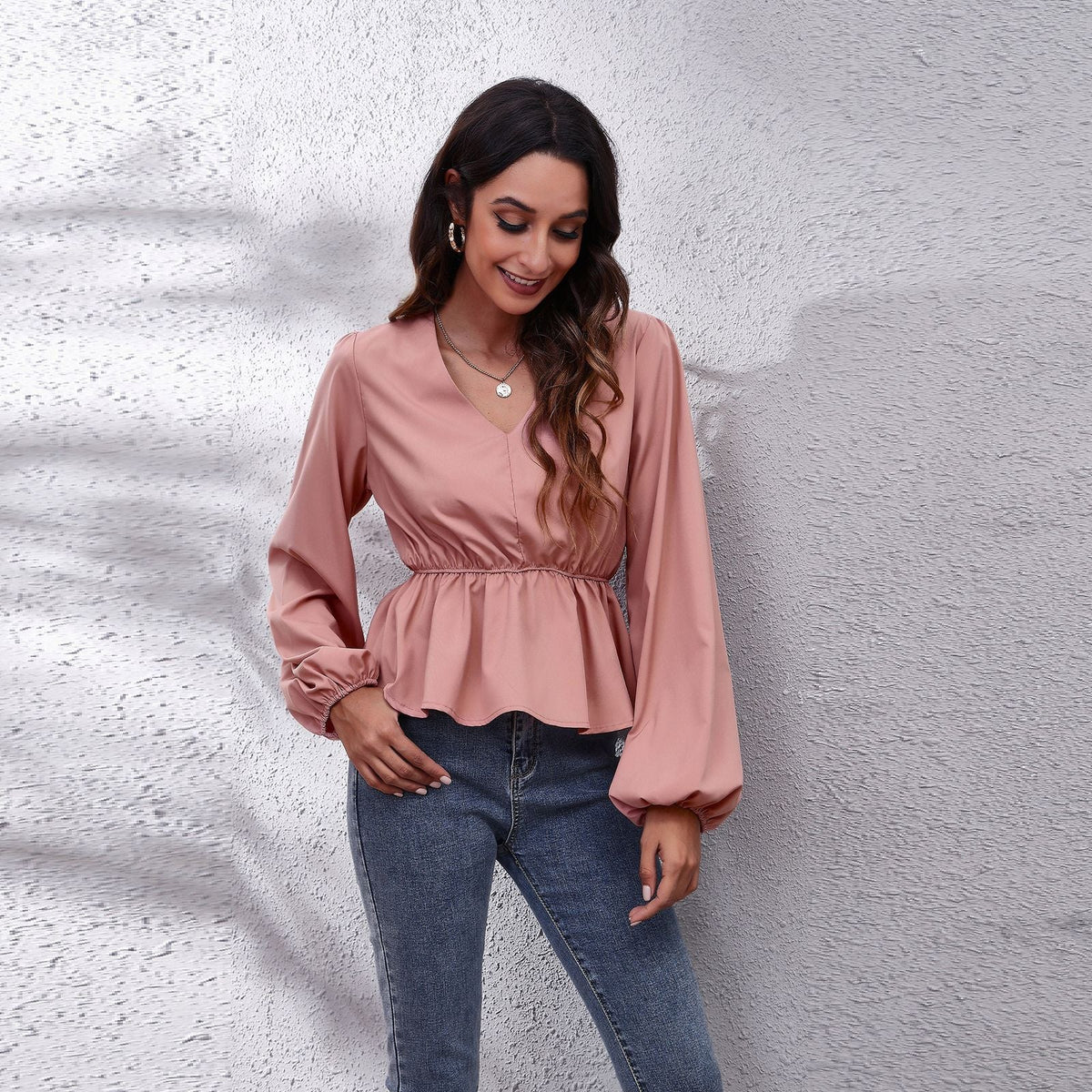 Popular Real Shot Lantern Sleeve Chiffon Shirt Solid Color Waist Tight V Neck Long Sleeve Women Top