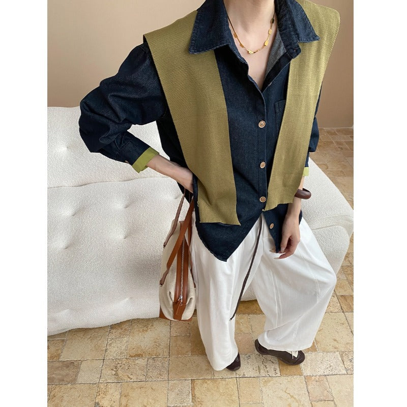 Fashionable Blogger Retro Denim Shirt Contrast Color Knitted Two Piece Sets with a Shawl