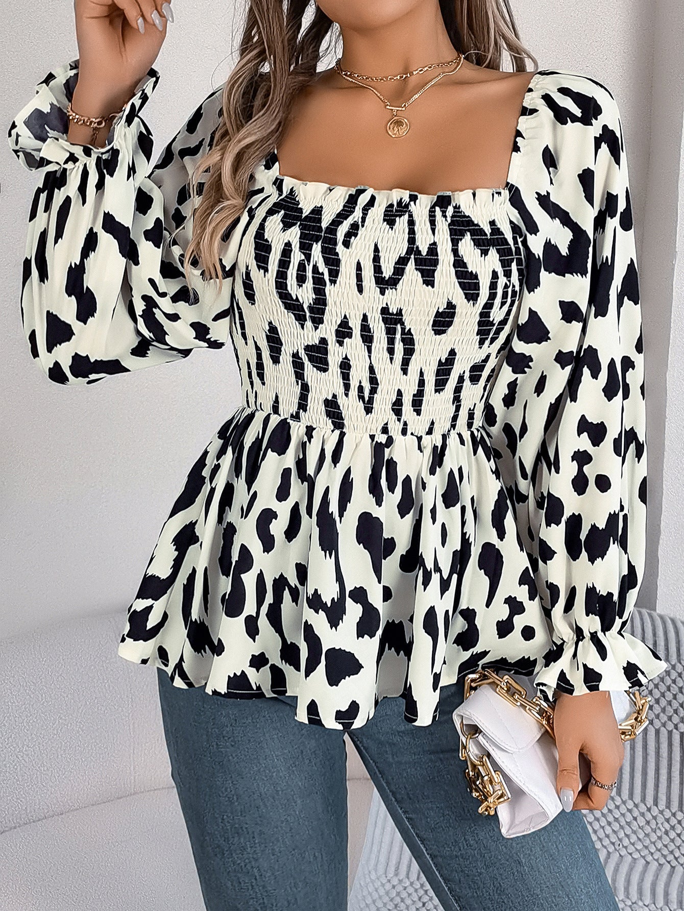 Real Shot Autumn Winter Casual Wooden Ear Square Collar Leopard Print Long Sleeve Chiffon Shirt Women Clothing