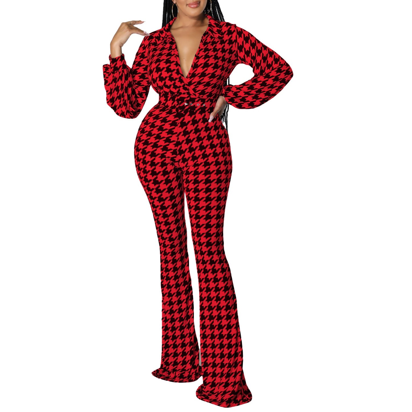 Women Clothing Autumn Winter V Neck Puff Sleeve Waist Trimming Printing Wide Leg African Jumpsuit
