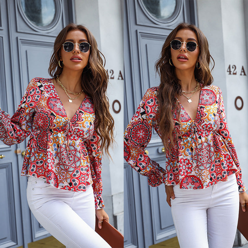 Fresh Printing V-neck Long Sleeve Babydoll Top