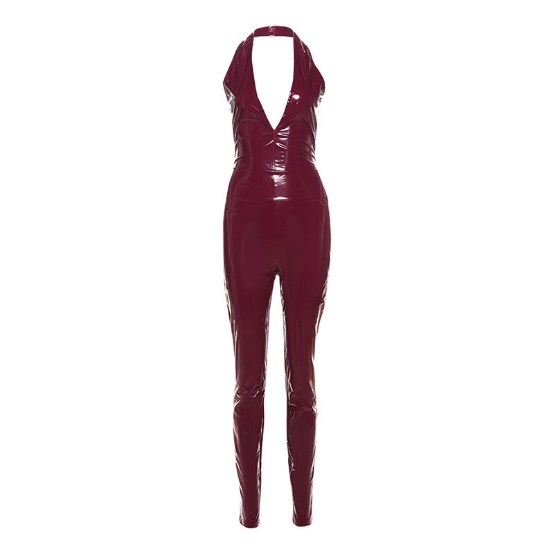 Autumn Winter Women Clothing Sexy Halter Backless Strap High Waist Zipper Slim Fit Trousers Faux Leather Two Piece Pant Sets
