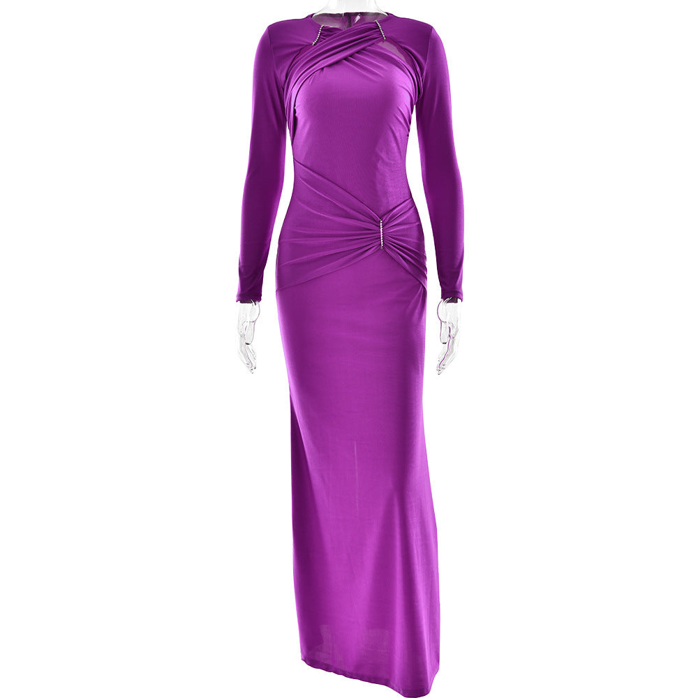 Dress Women round Neck Long Sleeve Sexy Slim Pleated Maxi Dress Elegant Dress