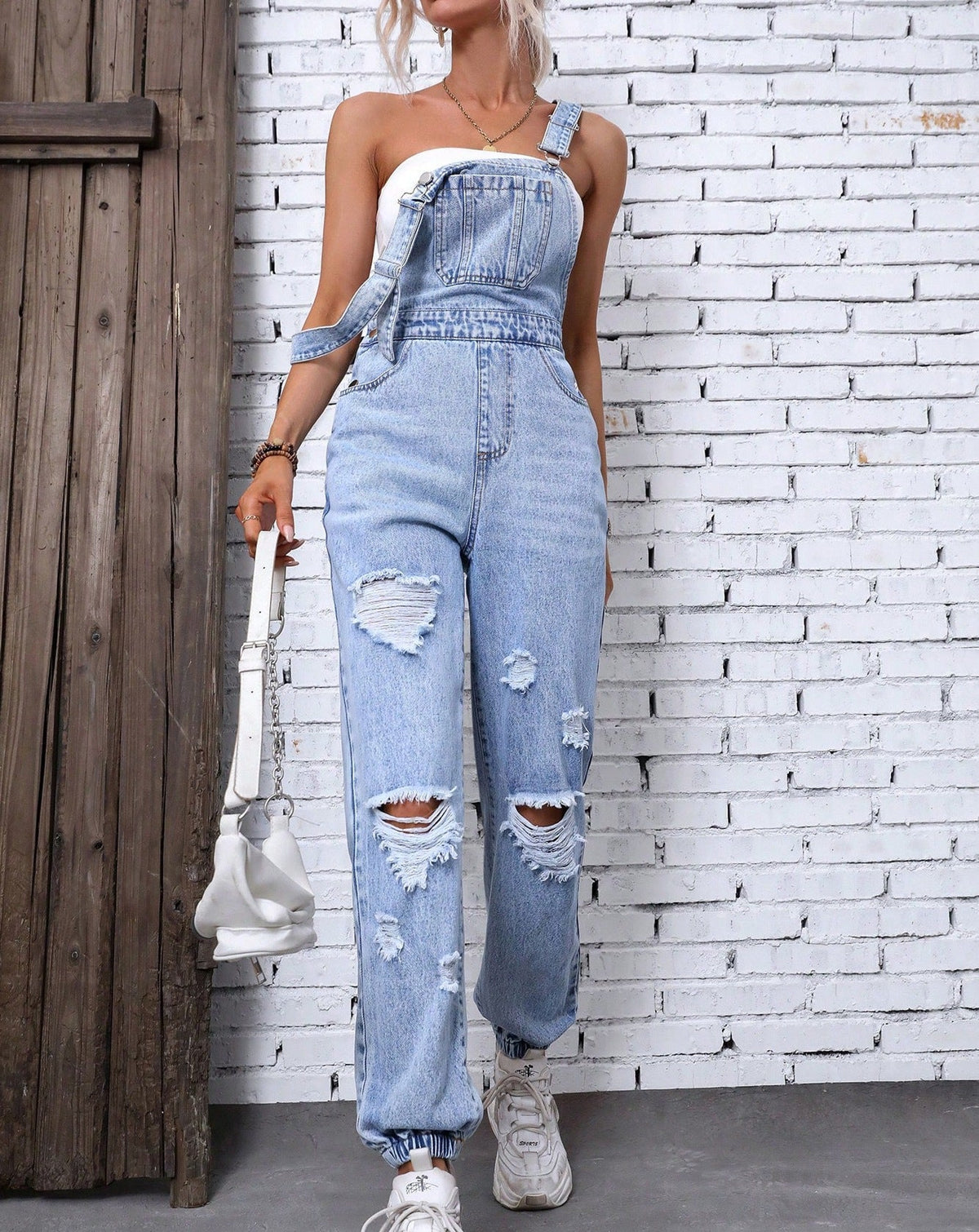 Women Clothing Shoulder Strap Hole Denim Suspenders Pants