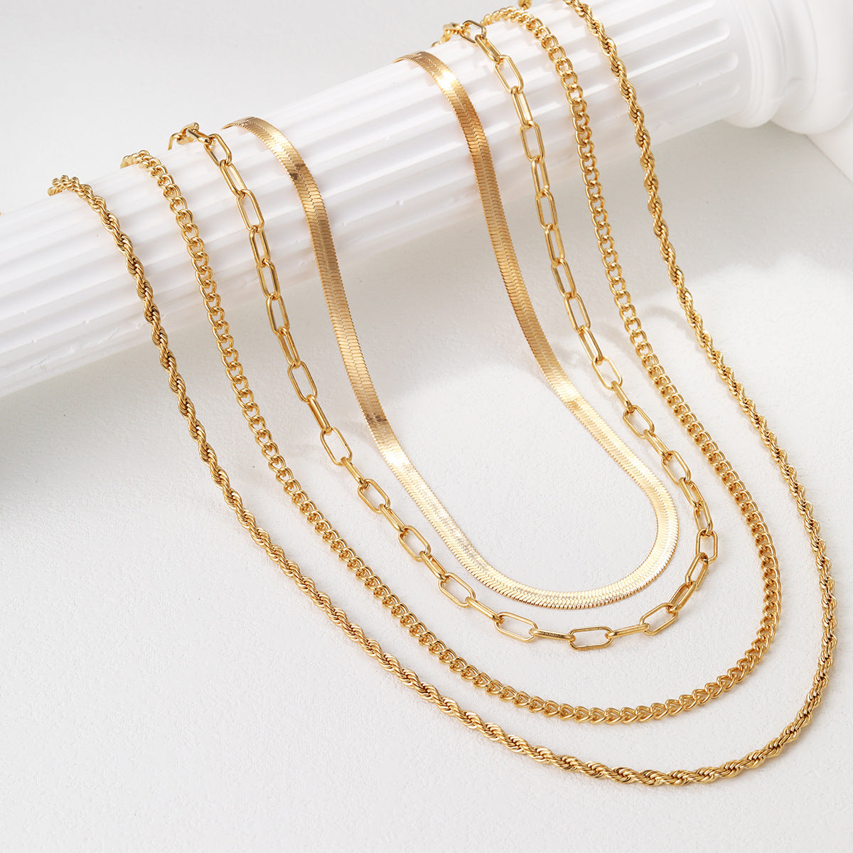 5-in-1 Layered Gold Necklace Set - Tarnish-Free 14k Gold Plated Chunky Chain Stack for Women