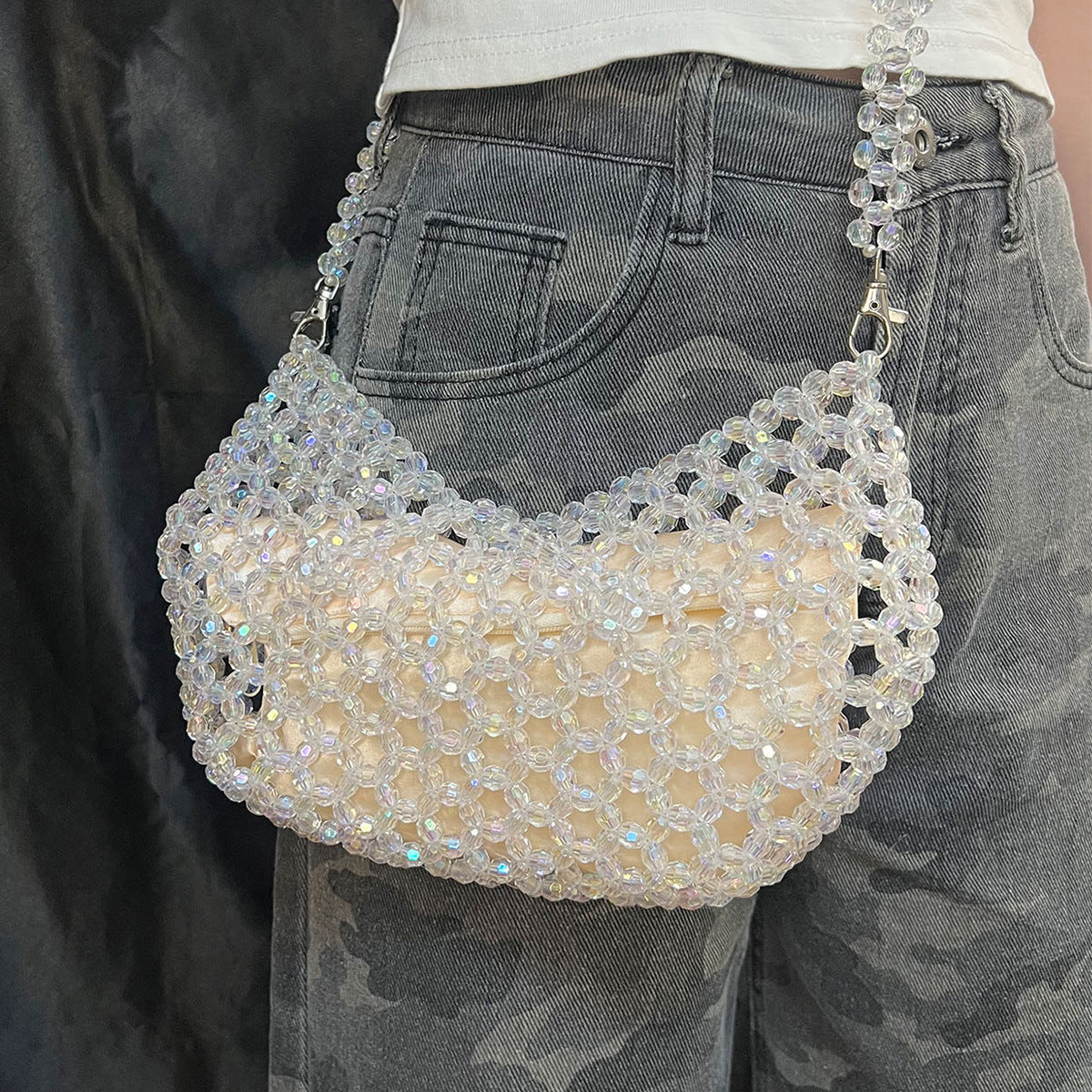 Summer High Sense Special Interest Design Crossbody Bag Women Transparent Magic Color Weaving Hollow Out Cutout Beaded Bag