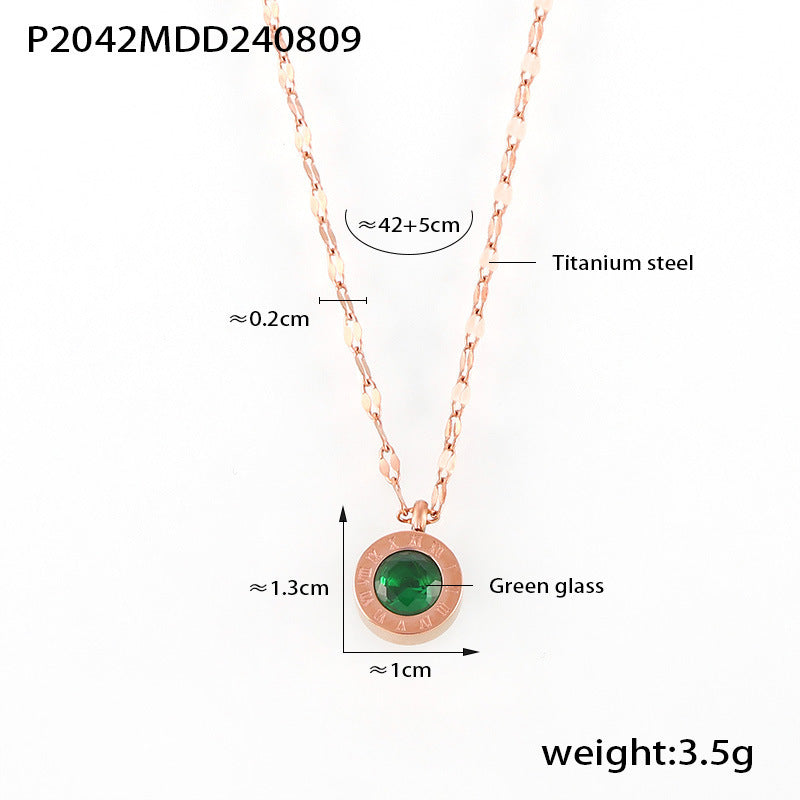 Rose Gold Roman Emerald round Glass Stone Embellished Necklace Women Retro Affordable Luxury Feeling Titanium Steel Clavicle Chain