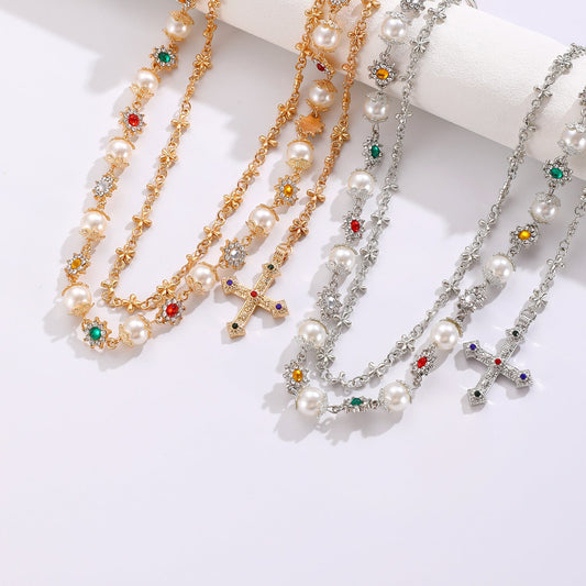 Vintage Multi-Layer Cross Pendant Pearl Flower Color Waist Chain Fashion Pants Chain