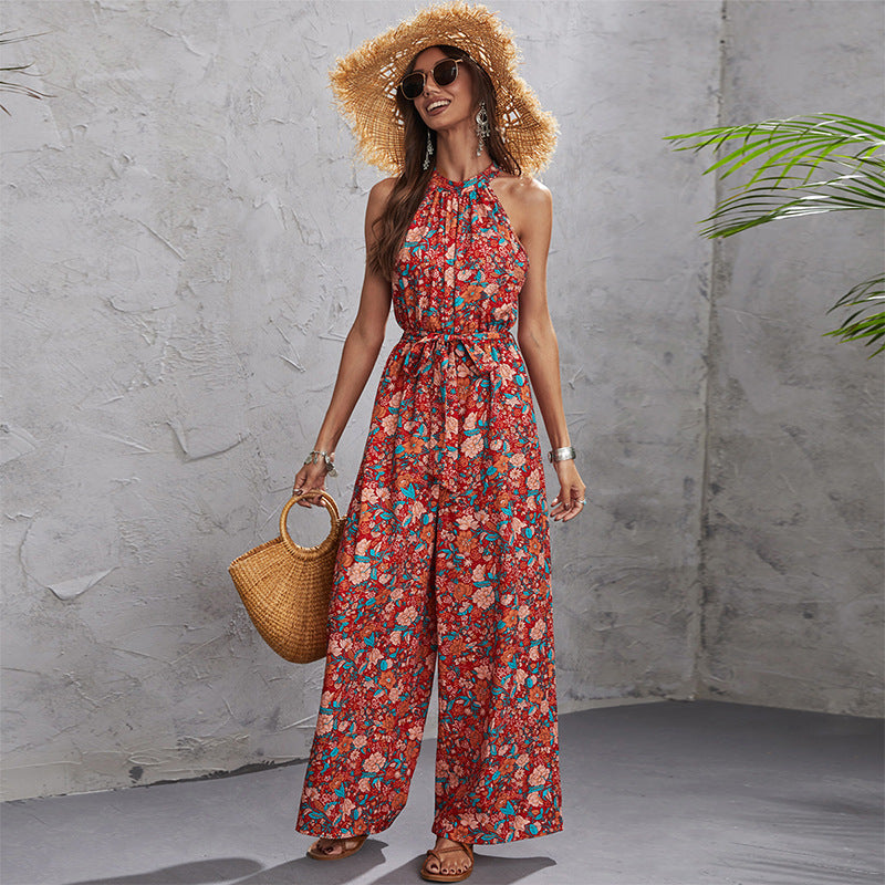 Summer Halter Sleeveless Waist Wide-Leg Jumpsuit Women