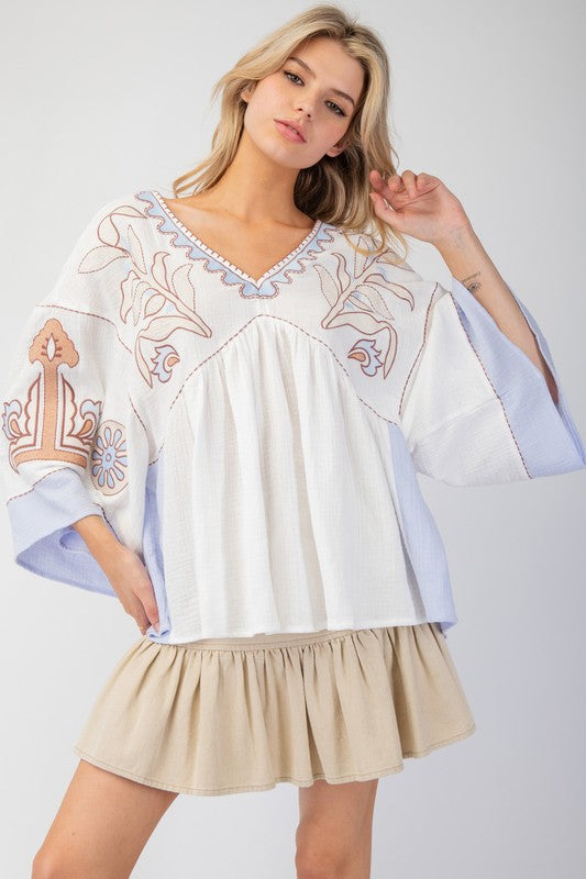 Spring Summer Women Clothing V neck Stitching Flare Sleeve T shirt Contrast Color Loose Top for Women