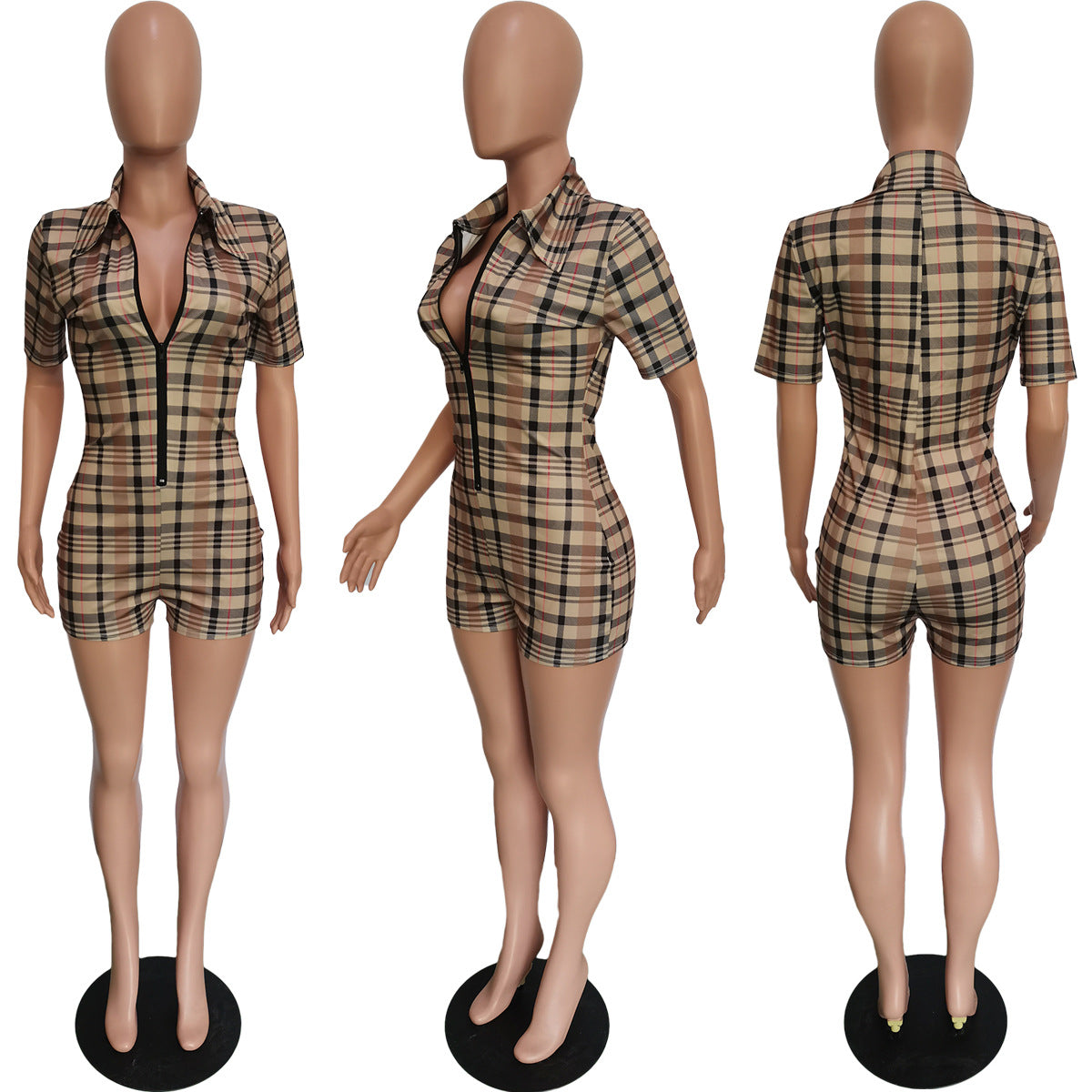 Women Clothing Printed Checks Collared Zipper Short Sleeve Romper