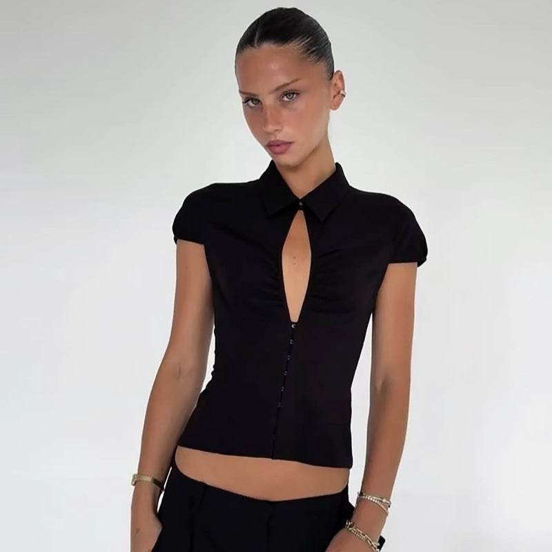 Women Clothing Autumn Winter Sexy Cardigan Breasted Collared Short Sleeve T shirt Top