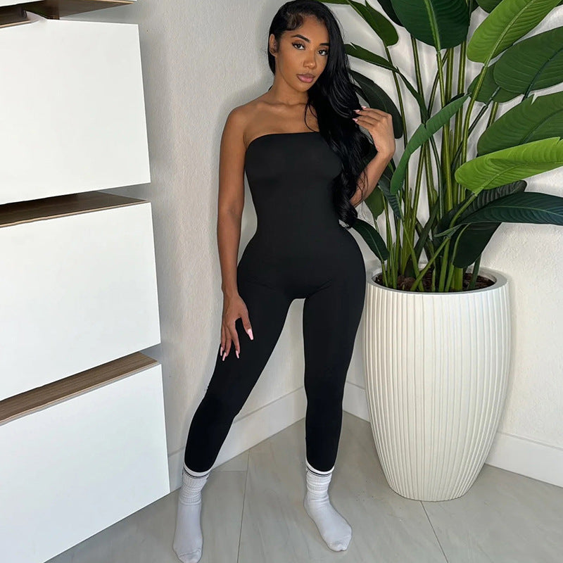 Autumn Winter Sexy Slim Fit Tube Top Backless Tight Fitting Solid Color Sports Trousers Jumpsuit