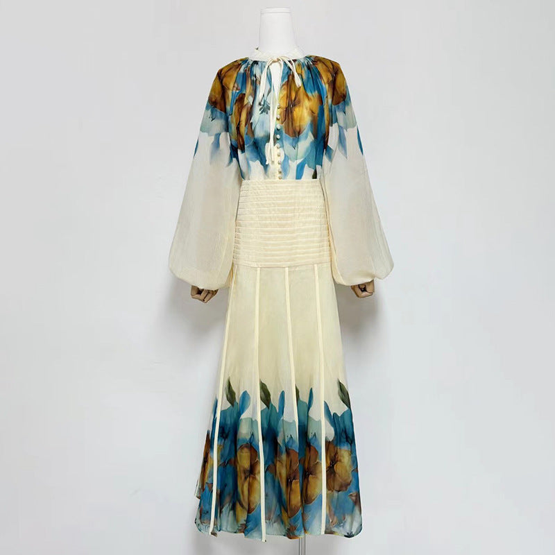 Women Lantern Sleeve Printed Shirt High Waist Floral Skirt Two Piece Set