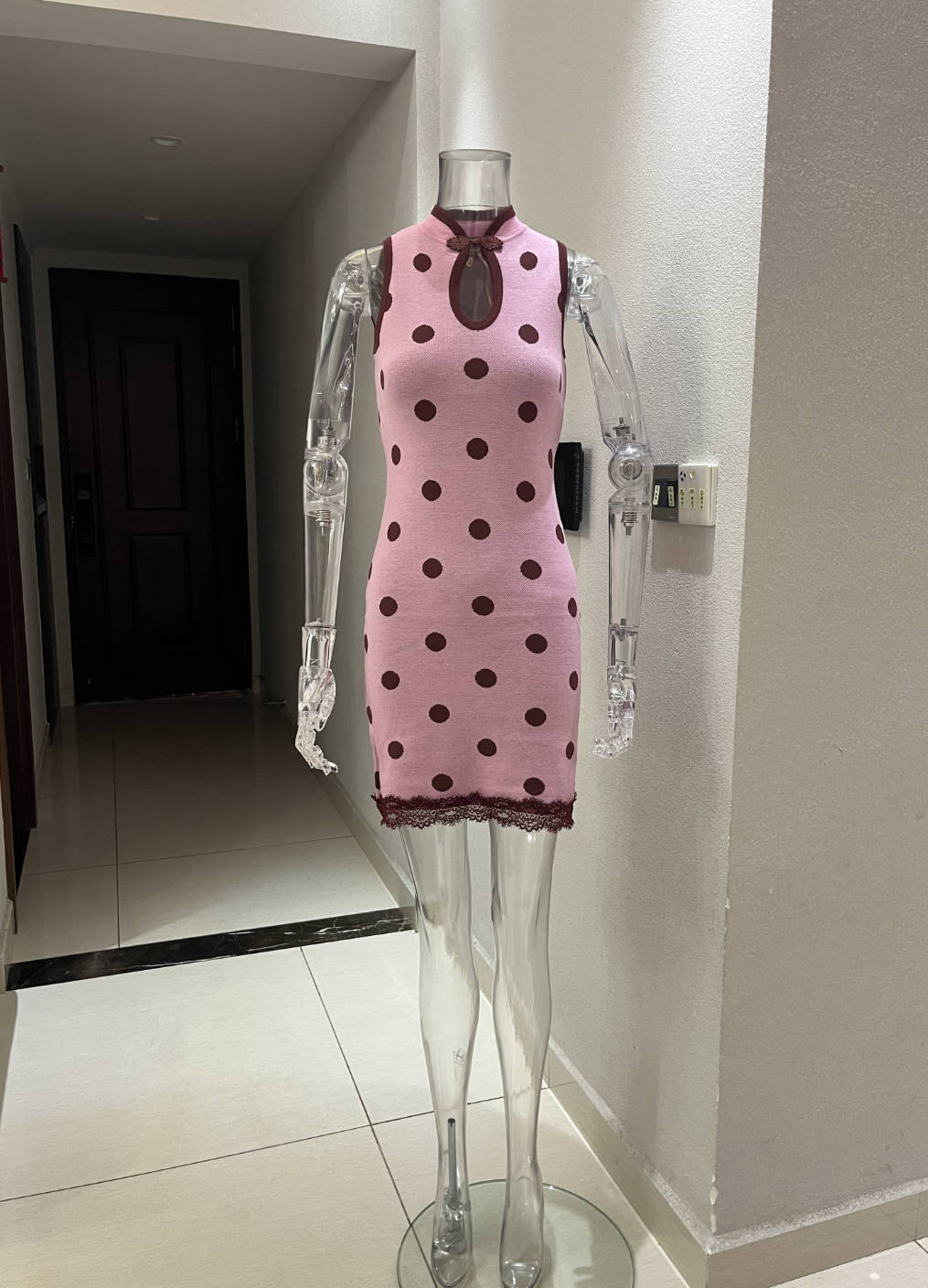 Summer Mid Polka Dot Contrast Color Lace Stitching Dress Stand Collar Sleeveless Sexy Casual Shaped Short Dress Women
