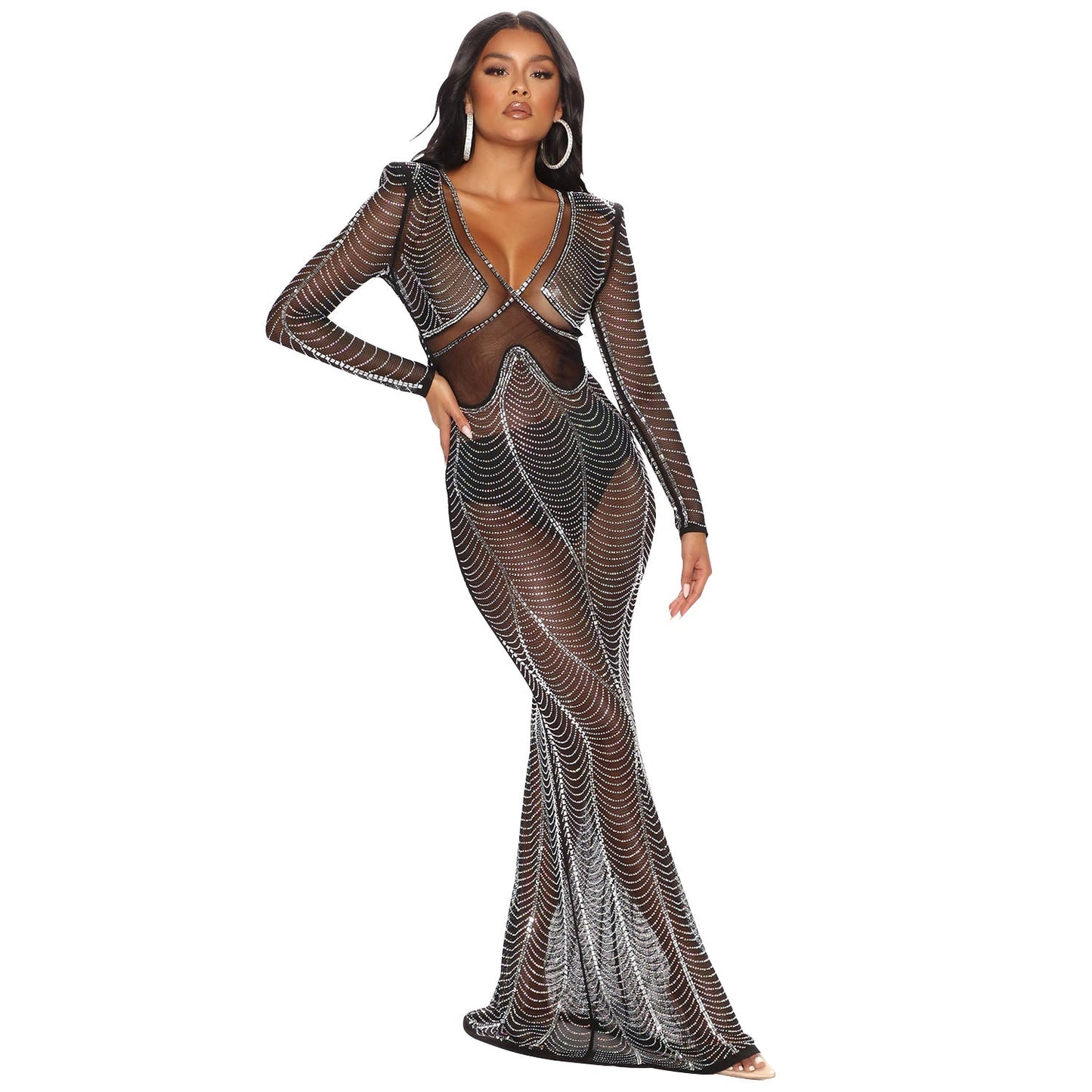Summer Women Clothing Sexy Mesh See-through Nightclub Rhinestone Maxi Dress for Women