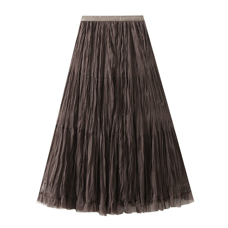 French Mid Length Pleated Mesh Skirt Autumn A line High Waist Fairy Large Swing Skirt for Women