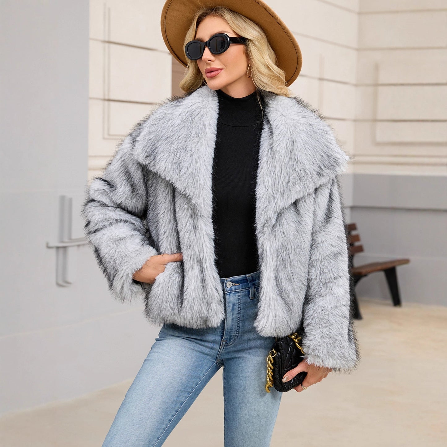 Women Clothing Faux Fur Warm Fluffy Faux Fur Coat Faux Fur