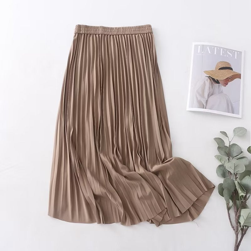 Pleated Skirt Korean Women Clothing Autumn High Waist Elastic Waist Mid Length Skirt