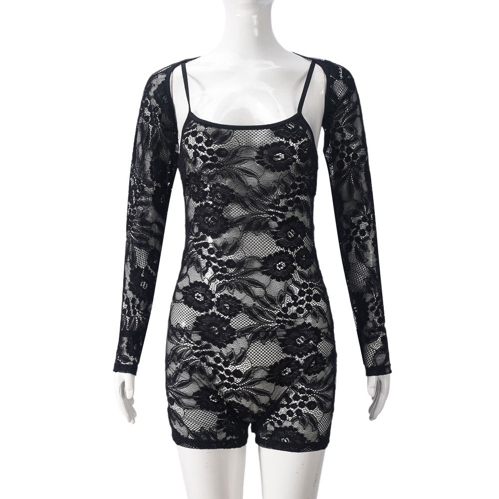 Women Two Piece Set Long Sleeve Tight Sexy Cutout Strap Lace Jumpsuit